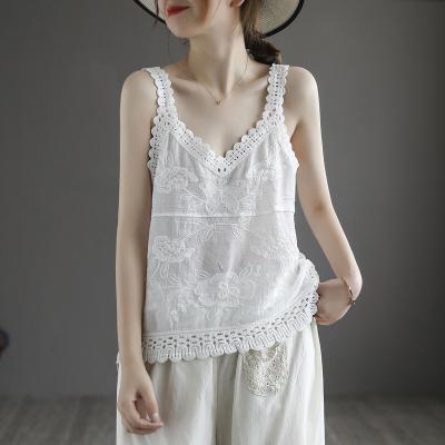 China Women Summer Lace Vest Lady Sleeveless Breathable Cavity Knitted Camisole Girl Embroidery Floral Crop Tops Clothing for sale