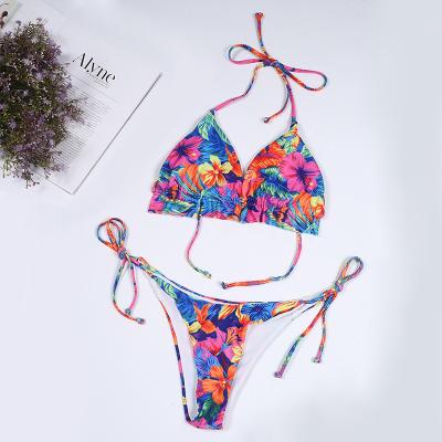 China Breathable Women's Floral Print Halter Triangle Tie Side Bikini Set Two Piece Swimwear for sale