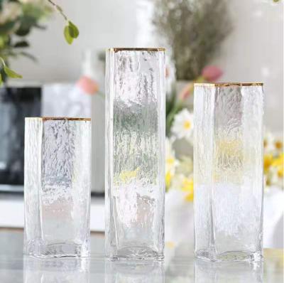 China Stocked Glass Vase Bud Vase Glass Clear to Rim Square Glass Gold Crystal Vase for Hotel Home Decoration for sale