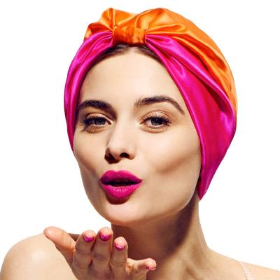 China Picture Classic Pleated Imitated Silk Sleep Cap For Women Hair Care Night Silk Hood With Elastic Stay On Head for sale