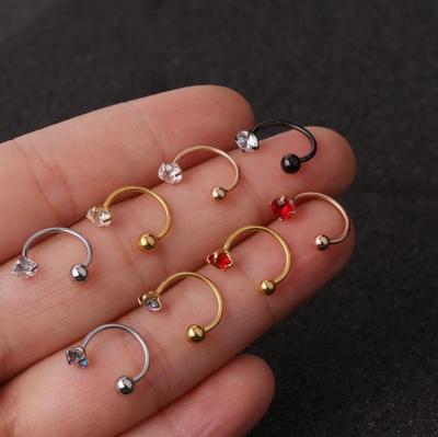 China Lead Free Hot Selling C Shaped Zircon Nose Stud Stainless Steel Screw Helix Tragus Daith Cartilage Stud Earrings for sale