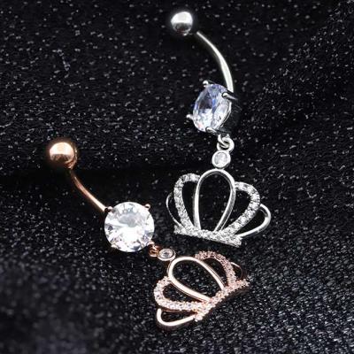 China Lead Free Rose Gold Silver Crown Shape Belly Rings Surgical Stainless Steel Belly Piercing Luxury Women Belly Button Ring Dangle for sale