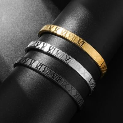 China Nickel Free Lead Free Style Roman Alphabet Letters Bangle Thick Stainless Steel Roman Letters Bracelet Vintage Punk Bangles for sale