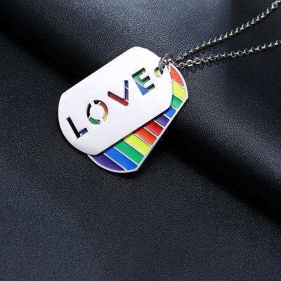 China Nickel Free Lead Free Stainless Steel Gay Pride LGBT Necklace Rainbow Unisex Dog Tags Double Enamel Pendant Rainbow Engraved LOVE Tags Necklace for sale