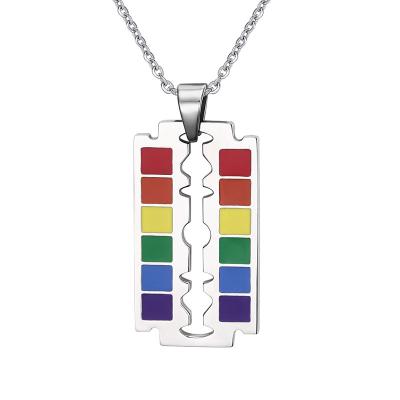 China Nickel Free Rainbow Lead Free Lead Free Pride Enamel Razor Blade LGBT Flag Stainless Steel Necklace Pendant Friendship Gift for sale