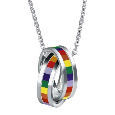 China Nickel Free Lead Free Stainless Steel Rainbow Enamel Double Circle Necklace Round Rings Necklace Lesbian Gay Pride LGBT Pendant Jewelry for sale