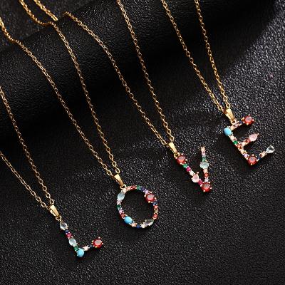 China Nickel Free Lead Free 18K Gold Plated Crystal CZ Alphabet Pendant Necklace Pave Colorful Zircon CZ Initial Letter Pendant Necklace for sale