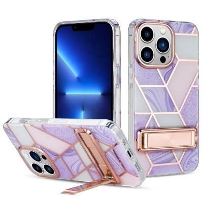 China Shockproof Bracket Metal Plated Geometric Marble Cases For iPhone 13 12 11 pro Max Soft TPU Hard Back Cover Phone Case for sale