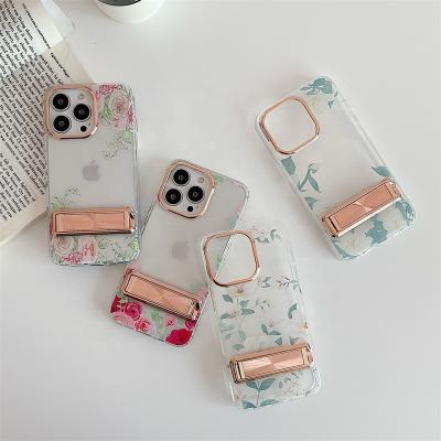 China Regenerative Flowers Plated Shockproof Metal Bracket Cases For iPhone 13 12 11 pro Max Soft TPU Hard Back Cover Phone Case for sale