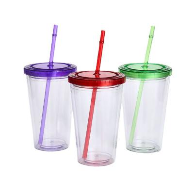 China Sustainable 450/600/750/960ml Double Wall Plastic Advertising Paper Insert Travel Coffee Mug Drink Cup Insulated Coffee Tumbler With Straw for sale