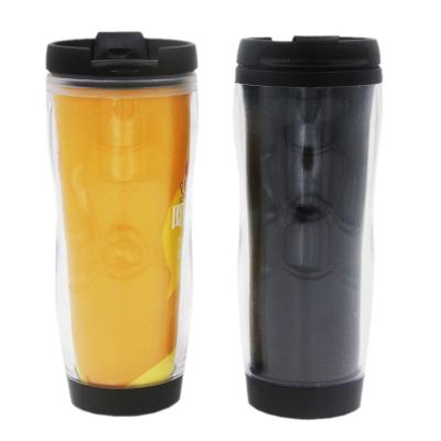 China Sustainable 350ml Double Wall Plastic Moveable Advertising Paper Insert Travel Coffee Mug Drink Cup Insulated Coffee Tumbler With Lid for sale