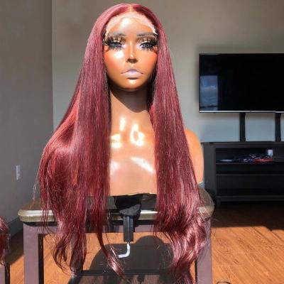 China Straight Red Hair Wigs With Baby Hair Straight Burgundy Bone Lace Front Brazilian Wig Remy 180density Lace Closure Wig 5x5 for sale