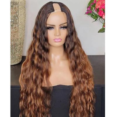 China Water Wave 150% 180% 200%Density Opening Wavy 1X4 U Piece Wig Hair Wigs Highlight Brown Color Glueless For Remy Color Women for sale