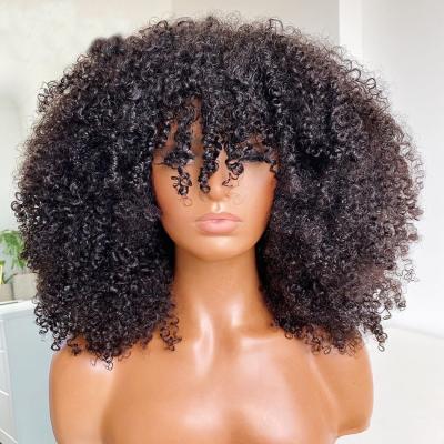 China Yaki Afro Kinky Curly Wig With Full Bangs Wig Brazilian Remy Short Curly Human Hair Machine Made Wigs Pre Plucked for sale