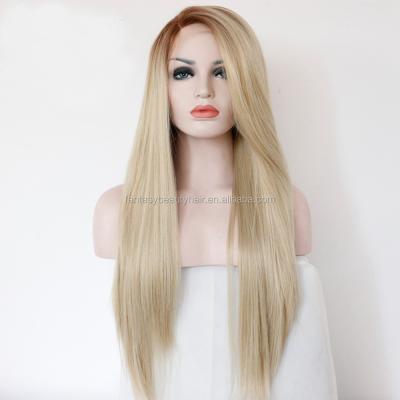 China Straight Light Brown Ombre Heat Resistant Hair Straight Style To Blonde Color Lace Front Wig For White Synthetic Women for sale