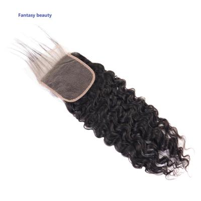 China Water Wave Water Wave Closure 4*4 Swiss Remy Hair Lace Top Closure 4*4 Lace Up Free Part Natural Black With Baby Hair for sale