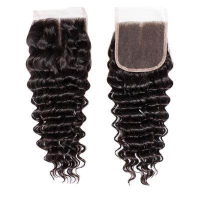 China 100% Swiss Remy Human Hair Brazilian Hair Deep Wave Deep Wave Natural Black Lace 4X4 Lace Closure 100% Swiss Lace Top for sale