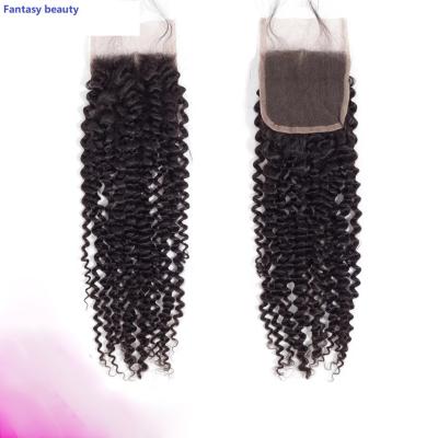 China Brazilian 100% Curly Kinky Curly Hair Lace Closure 4X4 Curly Remy Hair Swiss Lace Top for sale