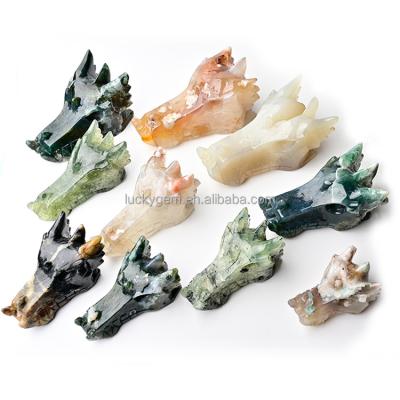 China Agate Dragon For Fengshui of Art Natural Carved Agate Geode Dragon Head Skulls Crystal Crafts Druzy of Europe people for sale