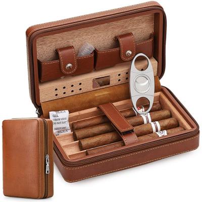 China Easy Use 4-Finger Portable Travel Cigar Case Leather Cigar Humidor with Cigar Cutter for sale