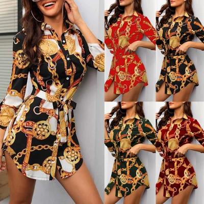 China 2023 Summer Women's Fashion Printed Collar Waist Drawstring Dress Office Dress Office Casual Home Outdoor Swap Female Anti-Wrinkle for sale