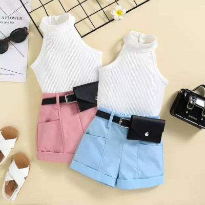 China Anti-Slip Girls Knitting Round Neck Shorts Set Cute Summer Clothing Wholesale for sale