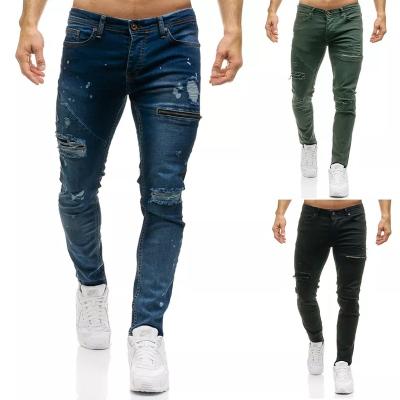 China Wholesale Slim Fit Zipper Hole Youth Fashion Style Casual Tight Men's Clothing Hole Men's Breathable Jeans for sale