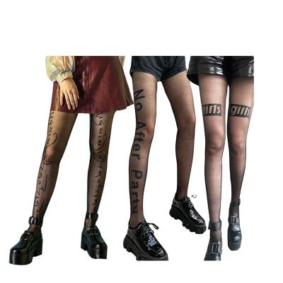 China Breathable Logo Letter Print Tattoo Print Pantyhose Black Silk Stockings Women Silk Stockings Designed Pantyhose for sale