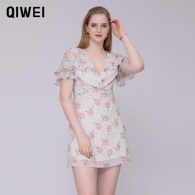 China Anti-Wrinkle Summer Chiffon Causal Dress for Women Girls Casual Dress Floral Short Holiday Dresses Elegant Ladies Vacation for sale