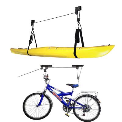 China Sale Bicycle Lift Hanging 2 Pulley System Garage Ceiling Mount Heavy Duty 120 Pound Capacity Bicycle Canoe Ladder Storage Tool for sale