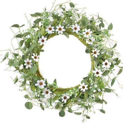 China Weave 20 Inch Artificial Daisy Wreath Front Door Wreath White Farm Floral With Green Leaf Spring Wreath for sale