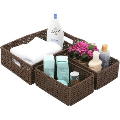 China Viable Handmade Rectangular White Rope Woven Rattan Plant Plankton PP Plastic Storage Basket With Handles for sale