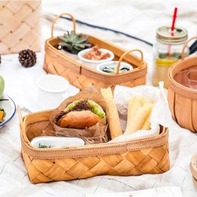 China Huangtu Sustainable Wooden Handwoven Rectangular Food Fruit Vegetable Chip Rattan Storage Basket Natural With Handle for sale