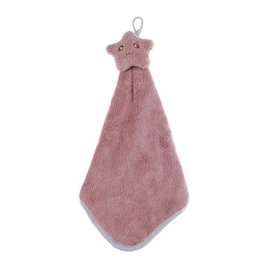 China Universal Five Star Smile Hand Towel Kitchen Bathroom Sustainable Hanging Pointed Face Coral Fleece Hand Towel for sale