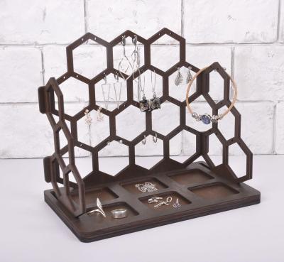 China Wooden geometric hexagon shapes honeycomb earrings jewelry display stand home deco for sale