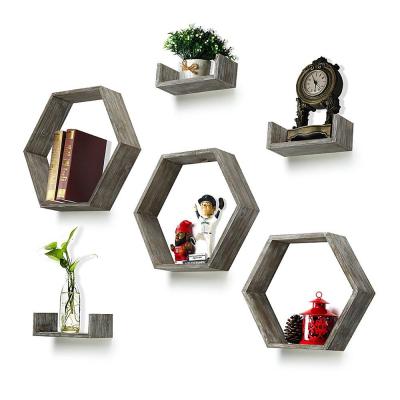 China Solid Wood Set 6 Hexagon Decorative Wooden Shelf Rustic Wooden Boxes Walls And Small Shelves for sale