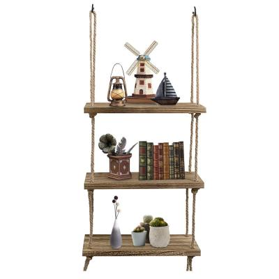 China Living Room 3 Tier Wooden Distressed Swing Storage Shelves Jute Rope Shelf Organizer Rack for sale