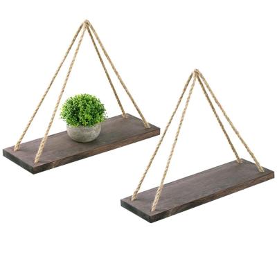 China China Distressed Wooden Swing Rope Hanging Wall Hanging Shelf With 4 Stainless Steel Hooks for sale