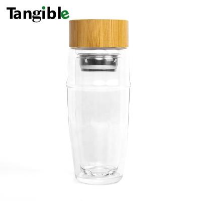 China Custom Bamboo Stainless Steel Double Wall Borosilicate Insulation Sublimation Custom Business 350ml Lid Travel Glass Tea Mug With Infuser for sale