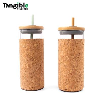 China WITH Custom Silicone Wooden Bamboo Sleeve LID LID BPA Free Glass Water Bottle With Straw Cork Cup Holder Mug Cup for sale