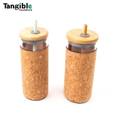 China WITH Bamboo Glass Water Bottle Straw Silicone Protective Sleeve Water LID 480ml Cork Cup Holder Tumbler Lid BPA Free for sale