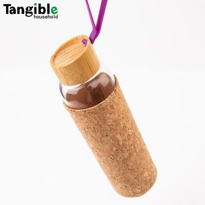 China WITH LID Cork Cover PP Glass Water Bottle Cap Lid Portable Bamboo Water Bottle With Handle Portable Glass Tea Bottle With Infus Tea for sale