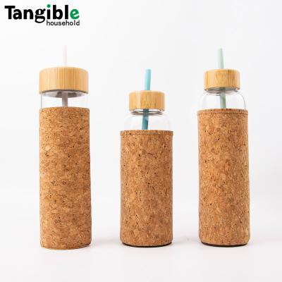 China WITH LID Travel 550ml Bamboo Eco-Friendly Portable Durable Borosilicate Lid Cork Cover Drinking Sports Cup Glass Water Bottle With Straw for sale