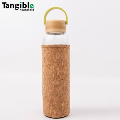 China Borosilicate Glass 500ml PORTABLE Portable Water Bottle with Bamboo Stainless Steel Lid Holder and Cork Cup Free for sale