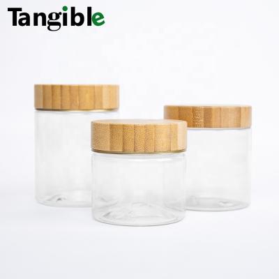 China Bamboo Lid Food Cosmetic Packaging 30ml 60ml 120ml 250ml 500ml Frosted Amber PET Recycled Plastic Storage Container for sale