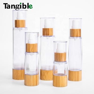 China Bamboo Cosmetic Empty Cosmetic Bottle 30ml 60ml 80ml 100ml 120ml Glass Container Spray Lotion Pump Serum Bottle With Wooden Bamboo Lid for sale