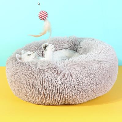 China Stocked 50cm To 100cm Long Plush Pet Cat Bed Fluffy Soft Round Donut Soothing Pet Cat Bed for sale