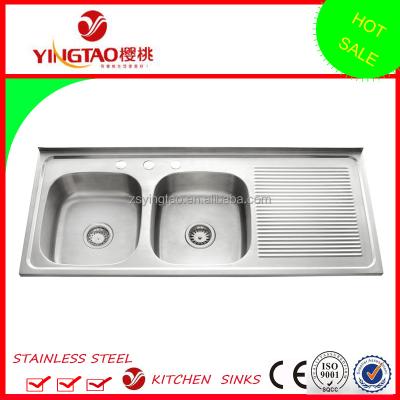 China Without faucet 1.2 meter three tapped holes double bowl single drainer feature, the price of stainless steel kitchen sink for South America for sale