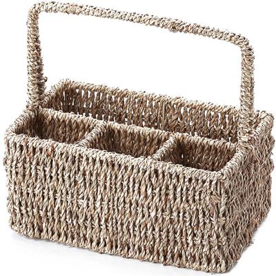 China Multifunctional Straw Compartment Storage Basket Handle Four Compartment Viable Sundries Basket Storage Box for sale