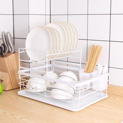 China Sustainable Kitchen 2 Tier Metal Cabinet Wire Platep Lastic Dish Rack Drying Rack And Dish Storage Rack With Cover Drip Tray for sale